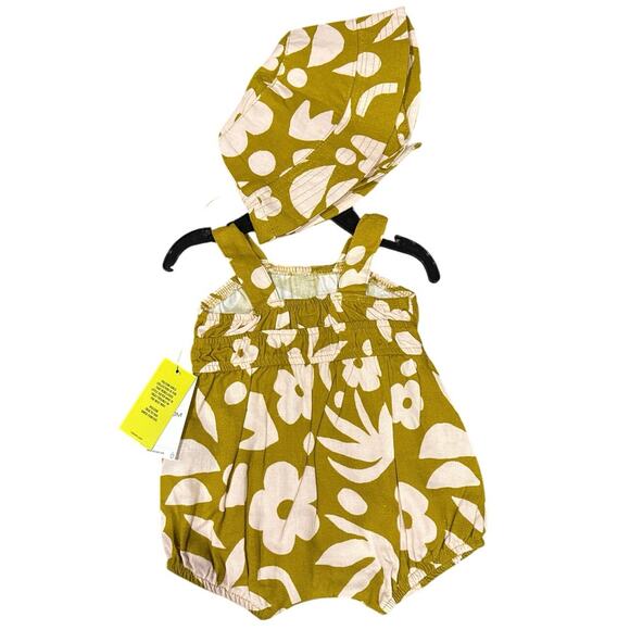NWT Volcom Baby Linen Romper & Bucket Hat Yellow Pink Floral Size 6-9 months - Picture 3 of 4